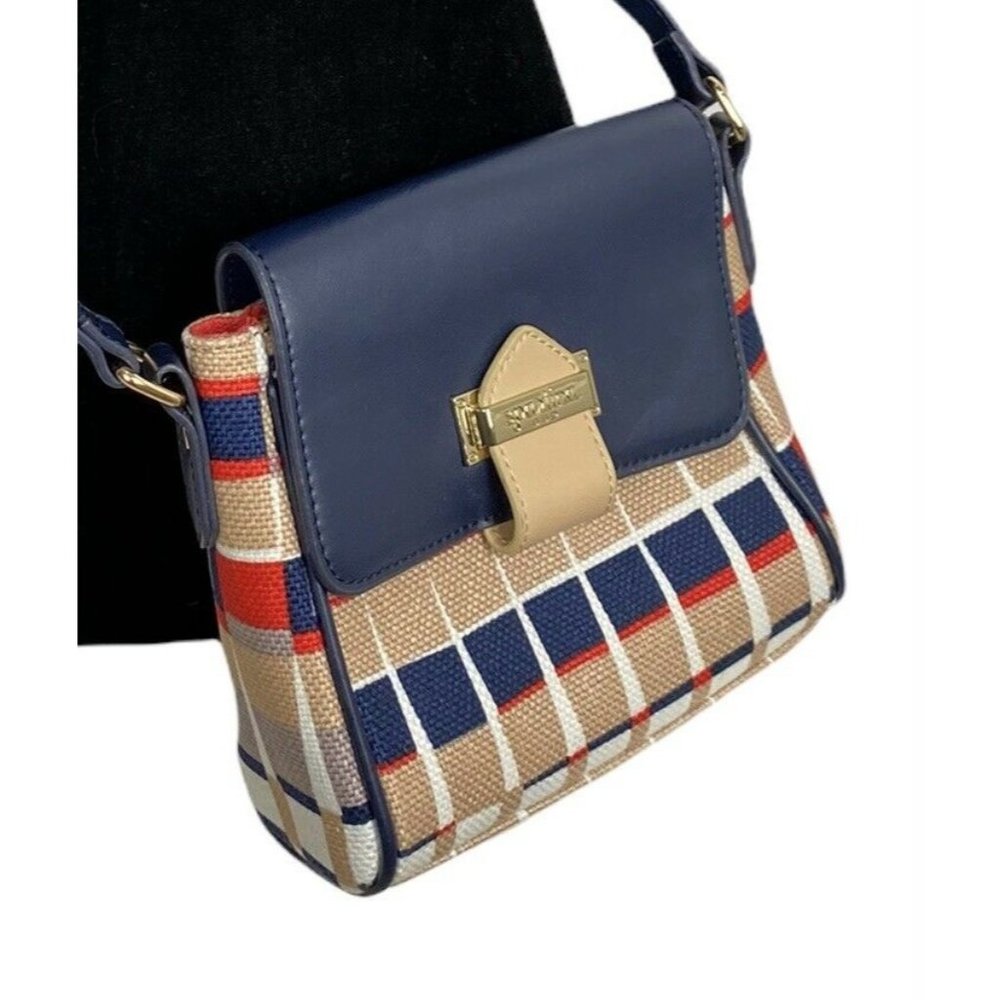SPARTINA 449 Plaid Linen Canvas Leather Trim Crossbody Flap Shoulder Bag Purse